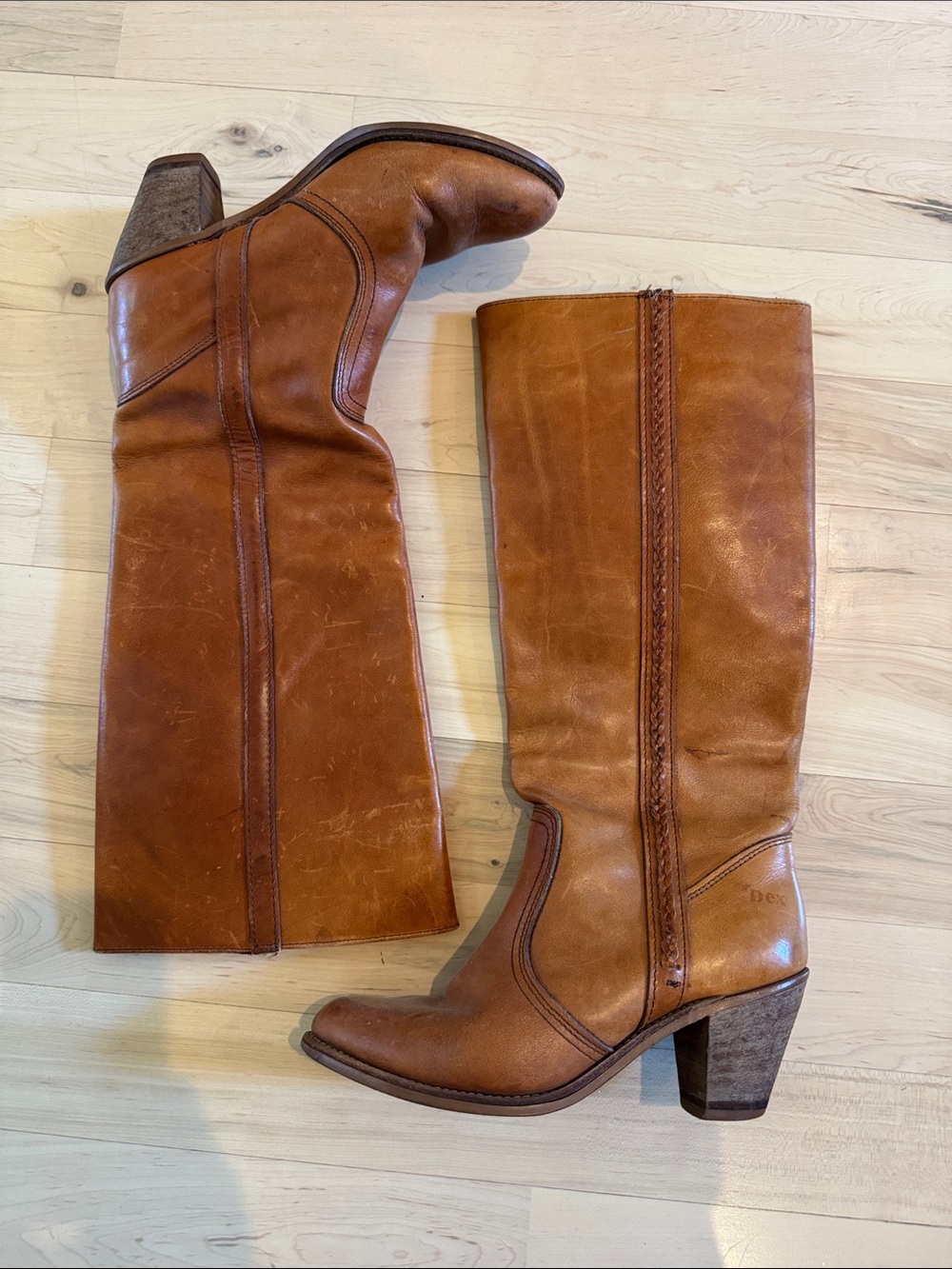 Vintage Dexter Brown Leather Western USA Knee High Boots Sz 8 M Boho Cowgirl